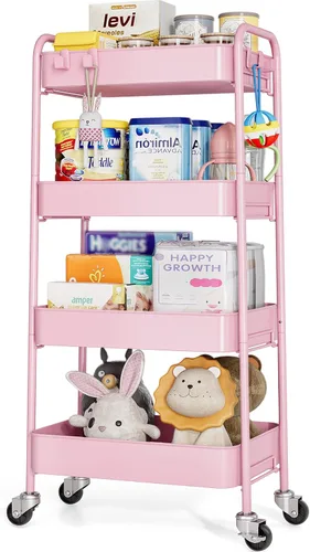 Vista 19 de TOOLF Carrito de metal de 3 niveles con ruedas, carrito organizador de almacenamiento para cocina, baño, oficina, artículos esenciales para bebés
