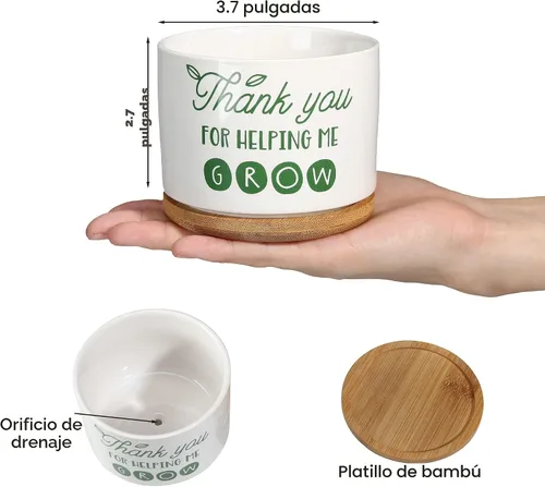 Vista 2 de DOMG Regalo de Apreciación para Maestros, Maceta de Cerámica para Suculentas Pequeña Maceta de Flores para Uso en Interior y Exterior, Gracias por