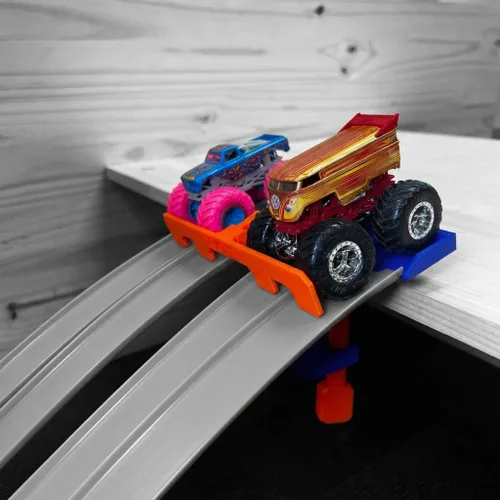 Vista 2 de Garra de Pista de Camiones Monstruo con Puerta de Arranque de 4 Carriles (Pista NO Incluida) Compatible con Pista de Hot Wheels (Azul/Naranja)