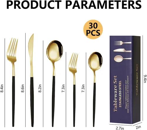 Vista 7 de Kawlity Cubiertos de acero inoxidable duraderos negros y dorados pulidos, cucharas, tenedores, 30 piezas, utensilios de mesa, para cocina