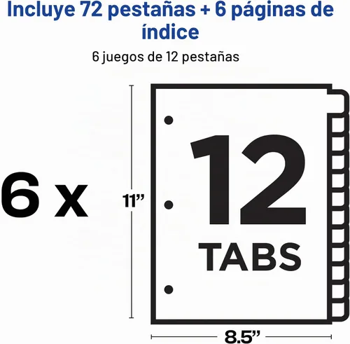Vista 4 de Avery Separadores de 12 pestañas para carpetas de 3 anillas, índice personalizable, pestañas multicolor, 6 juegos (11196)
