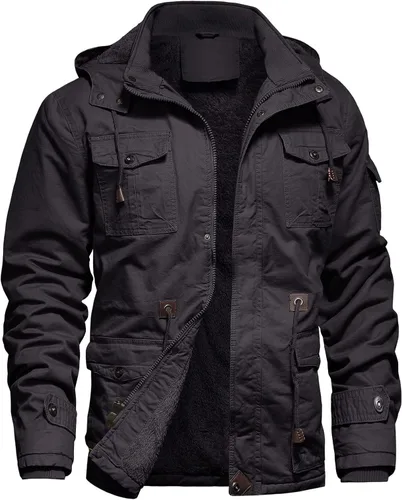 Vista 13 de Chaqueta de invierno para hombre, chaqueta militar, chaqueta tipo cargo con forro polar, chaqueta cálida con capucha desmontable, chaqueta