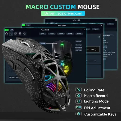 Vista 6 de Aula SC620 - Ratón inalámbrico para juegos, triple modo de 2.4 GHz/USB-C/BT5.3 con 12000 DPI, mouse macro gamer programable con llave de fuego