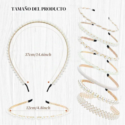Vista 6 de Cinaci 8 piezas decorativas doradas para boda, fiesta de cumpleaños, graduación, diadema de perlas artificiales con cuentas brillantes, accesorios
