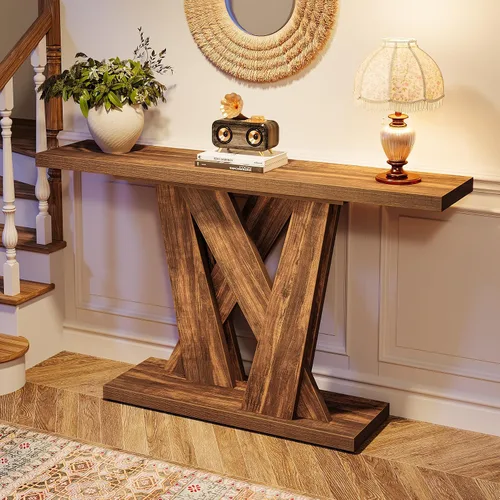 Vista 7 de Tribesigns Mesa de consola de 55 pulgadas estilo granja, mesa detrás del sofá con soporte para TV de base geométrica, mesa de sofá delgada