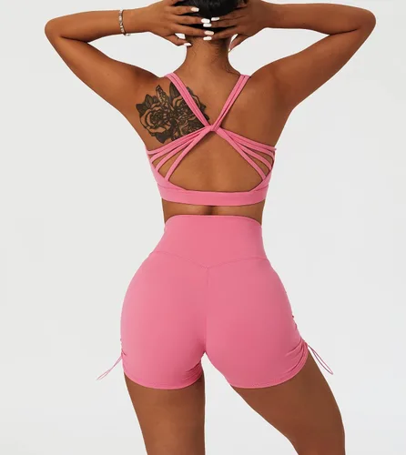 Vista 2 de ABOCIW Conjuntos de entrenamiento para mujer, 2 piezas, pantalones cortos de cintura alta cruzada y brasieres deportivos, trajes de yoga