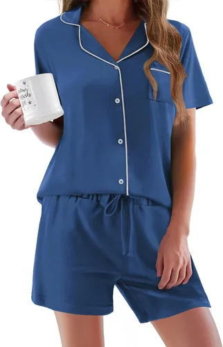 Vista 15 de Ekouaer - Conjunto de pijamas de manga corta para mujer, con botones, suave, 2 piezas, conjuntos de descanso, tallas XS-XXXL Verde Aqua