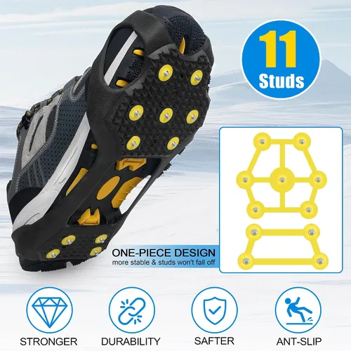 Vista 3 de Tacos de hielo, crampones de nieve, tracción para caminar para zapatos y botas, 11 tachuelas antideslizantes de goma de hielo para caminar, calzado