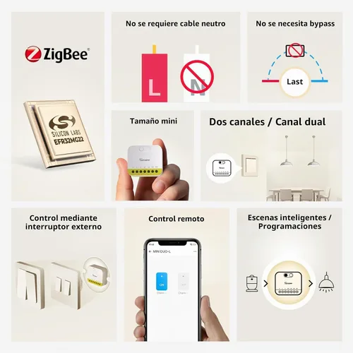 Vista 2 de SONOFF Mini Duo-L Zigbee Smart Switch – Sin cable neutro, Zigbee 3.0, doble canal, 16 A en total, compatible con Alexa, Google Home, temporizador