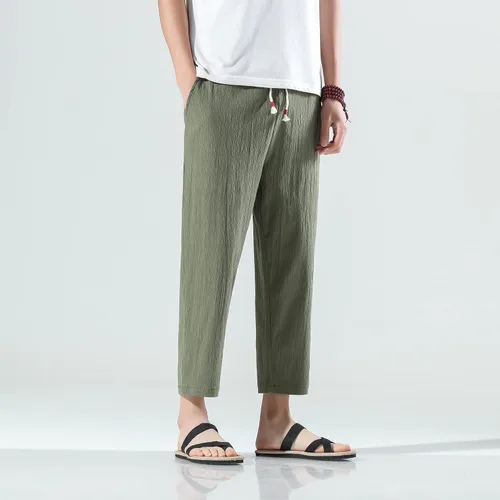 Vista 7 de PRIJOUHE Pantalones harén para hombre, casuales, ligeros, holgados, pantalones capri de lino con cintura elástica