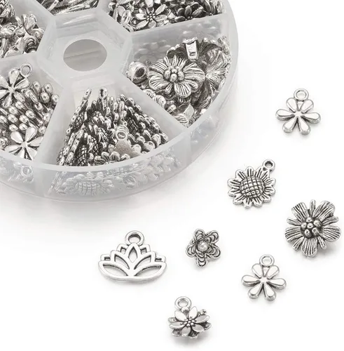 Vista 2 de Pandahall - 1 caja / 135 colgantes de flores de aleación estilo tibetano mezclados 6 estilos de dijes de flores de plata antigua para hacer joyas