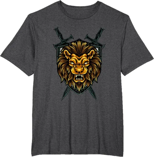 Vista 61 de Camiseta con diseño de caballero medieval renacentista, con diseño de espada de león, Negro, S