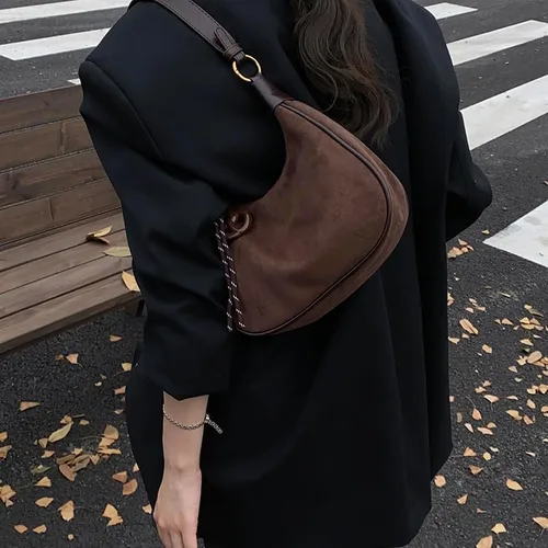 Vista 2 de Bolsos de hombro de gamuza Crescent para mujer, bolso vintage de ante marrón 2025