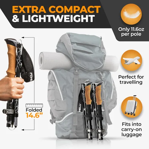 Vista 2 de Foxelli Bastones de senderismo plegables: bastones plegables ligeros y compactos para hombres y mujeres con cerraduras abatibles y accesorios todo