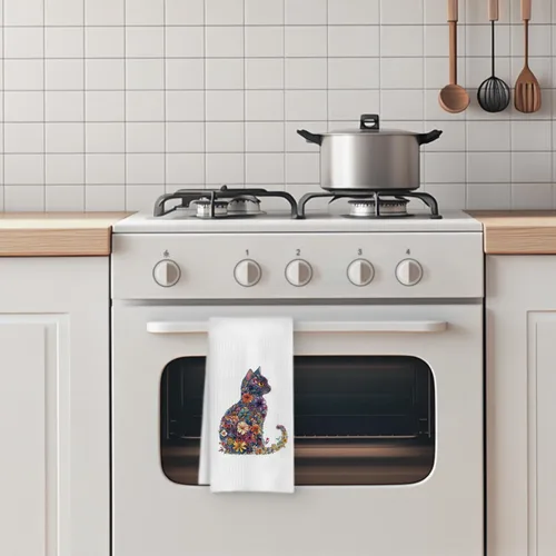 Vista 4 de Toalla de cocina con gato floral, toalla de mano con gato floral para decoración de baño, toalla de té para platos de cocina con gatito