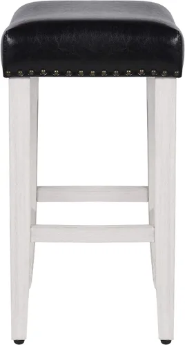 Vista 6 de Jameson - Taburete tapizado para mostrador de clavos, 24 pulgadas, color blanco antiguo y cuero