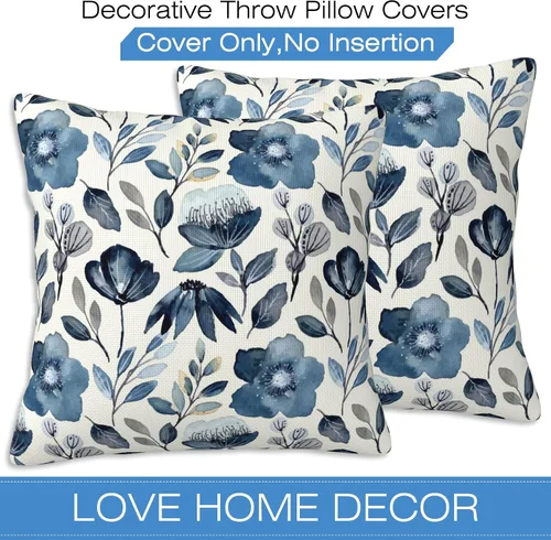 Vista 3 de Fundas de almohada Naqiuli azules florales de 16x16 pulgadas, juego de 2 fundas de almohada decorativas, fundas de cojín para dormitorio, sala