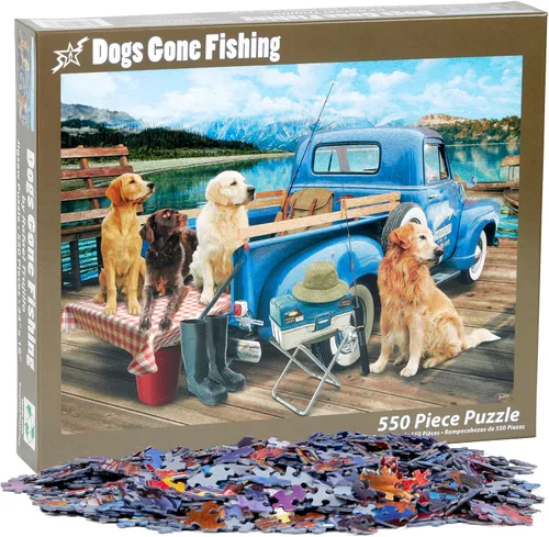 Vista 4 de Vermont Christmas Company Dogs Gone Fishing - Rompecabezas de 550 piezas para adultos y familias - Bonitos rompecabezas de perros con piezas