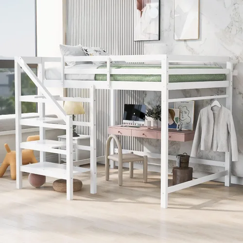 Vista 9 de Cama alta moderna con cajones de almacenamiento y escaleras, cama de madera tamaño individual con estantes y barandillas, para niños, niñas