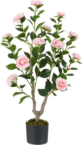 Vista 17 de Árbol de camelia artificial de 36 pulgadas con flores falsas Naranja