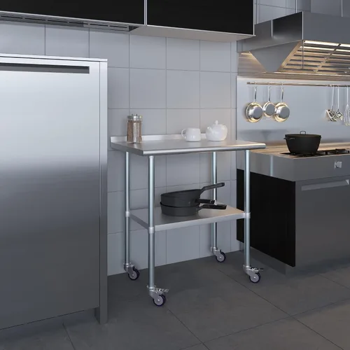 Vista 9 de AmGood Mesa de trabajo de acero inoxidable con protector contra salpicaduras de 1.5 pulgadas y ruedas NSF Mesa de preparación de alimentos