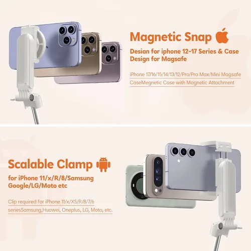 Vista 6 de Mini palo magnético para selfie para iPhone, trípode portátil 4 en 1 de tamaño de bolsillo para iPhone MagSafe/Android con control remoto/luces