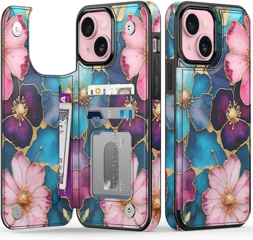 Vista 56 de FUNMIKO Funda tipo cartera para iPhone 15 con tarjetero + clip para efectivo, bloqueo RFID, protección contra caídas de grado militar y obras