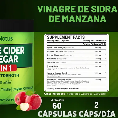 Vista 2 de Zolotus Cápsulas de vinagre de sidra de manzana 32 en 1, con cúrcuma, canela, cardo mariano, berberina, saúco, quercetina - (2 paquetes) 60 cápsulas