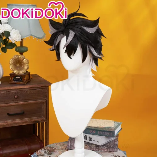 Vista 3 de KIRA KIRA Wriothesley - Peluca de cosplay, pelo corto negro y gris para Genshin Impact Fontaine Cosplay Cosplay para hombres y mujeres
