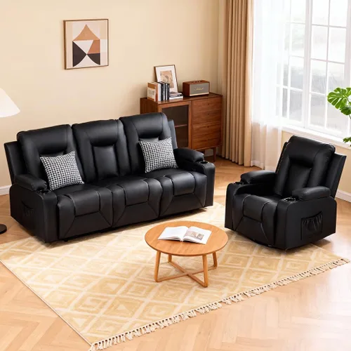 Vista 11 de COMHOMA Muebles sofá de cuero consolidado con masaje, portavasos, juego de sala de estar, silla reclinable, 3+1+1, negro