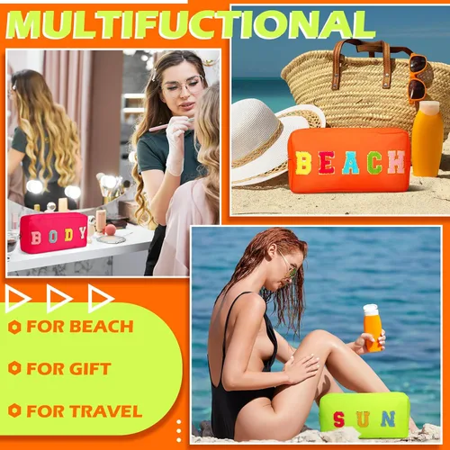 Vista 6 de Pinkunn 4 bolsas de maquillaje de chenilla con parche de letras de chenilla, bolsa de cosméticos para viajes de verano, playa, sol, bolsa