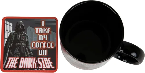 Vista 4 de ICUP Taza de cerámica con posavasos con texto en inglés "I Take My Coffee On The Dark Side