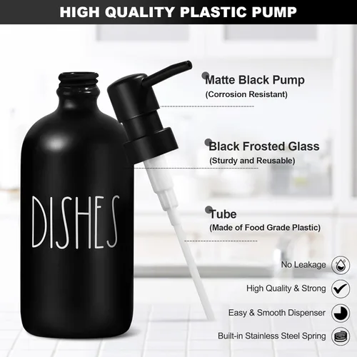 Vista 4 de Dispensador de jabón para platos para cocina, dispensador de jabón de platos de vidrio con soporte para esponja, juego de dispensador negro