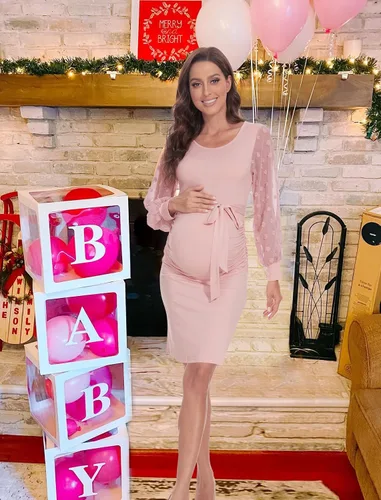 Vista 3 de Vestido de maternidad de manga transparente de malla de lunares suizos, vestidos formales de baby shower, vestido ajustado para embarazo, fruncido