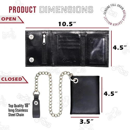 Vista 4 de RAW HYD Billeteras de cuero de grano completo con cadena triple para hombres con cierre a presión, Negro -, Billetera triple