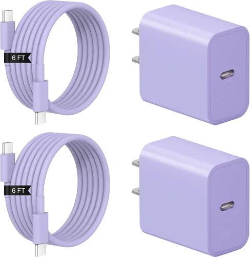 Vista 18 de Cargador de carga rápida para iPhone 17, 16, 15, paquete de 2+2 cargadores de pared USB C de 20 W con cable de carga rápida de 6 pies compatible
