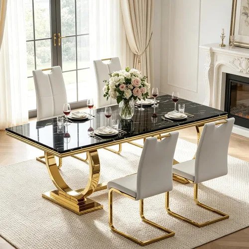 Vista 30 de Juego de mesa de comedor de mármol para 4, mesa de cocina rectangular de mármol blanco de 70 pulgadas con base en O de acero inoxidable dorado