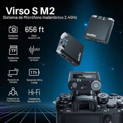 Vista 2 de GODOX Virso S M2 Micrófono inalámbrico para Sony, micrófono de solapa inalámbrico con cancelación de ruido de 2.4 GHz, rango de 656 pies, batería