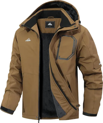 Vista 10 de Chaqueta de esquí para hombre con capucha, chaqueta impermeable de snowboard con forro de polar, chaqueta de invierno con múltiples bolsillos