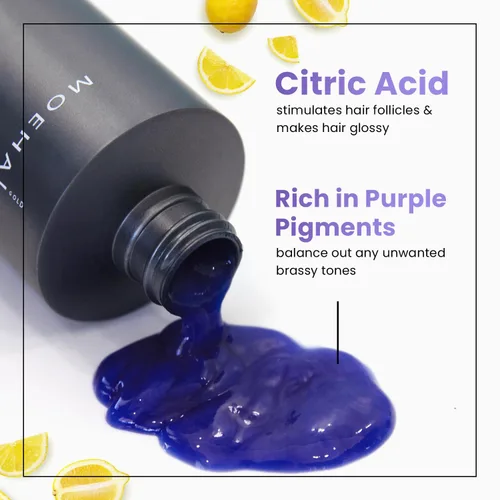 Vista 2 de MOEHAIR Champú color rubio vibrante Neutraliza los tonos amarillos Elimina el cobrizo Sin parabenos ni sulfatos Champú morado con protección