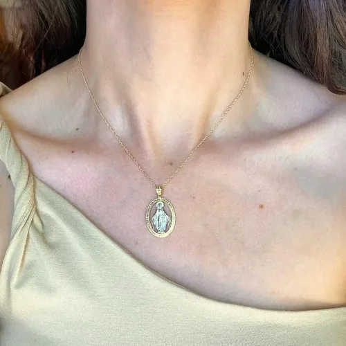 Vista 3 de JewelryWeb - Colgante grande con medalla milagrosa de oro bicolor de 14 quilates - 0.748 in x 1.280 in - Collar religioso para mujeres y hombres