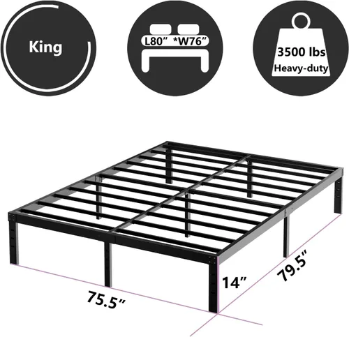 Vista 2 de Marco de cama tamaño King, marco de cama de plataforma de 14 pulgadas, soporte antideslizante de listones de acero resistente de 3500 libras,