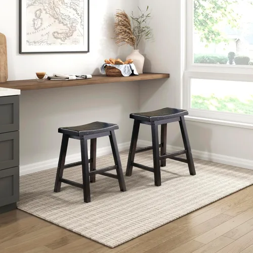 Vista 2 de Lexicon - Taburetes de asiento de silla de montar de altura de comedor, juego de 2, madera maciza, color negro