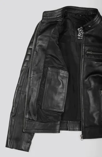 Vista 7 de Blingsoul - Chaqueta de cuero Cafe Racer para mujer - Chaquetas de piel de cordero real para mujer Negro