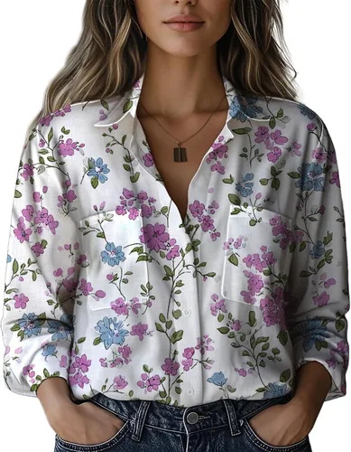 Vista 19 de Summer Tops for Women Lightweight Button Flowy Shirts Boho Long Sleeve Blouses Casual Clothes with Pockets