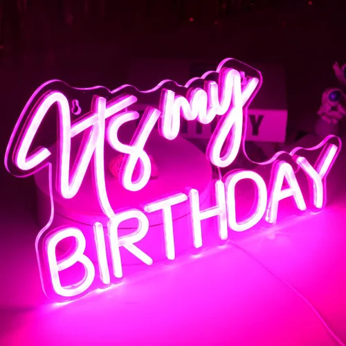 Vista 2 de Planzo Letrero de luz LED de neón con texto en inglés "It's My Birthday", letrero de pared para decoración de ventana, letrero USB para dormitorio