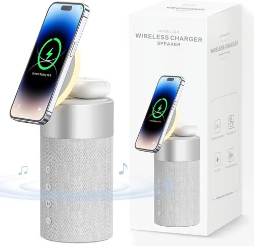 Vista 8 de COLSUR Altavoz Bluetooth, cargador inalámbrico magnético, altavoces Bluetooth con luz nocturna, estación de carga inalámbrica 2 en 1 para iPhone