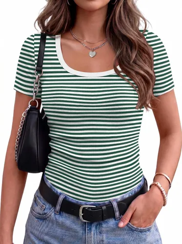 Vista 10 de Zeagoo Camiseta básica de manga corta para mujer, de punto acanalado Negro blanco (Black White Stripes)
