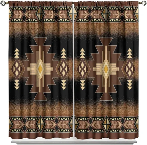 Vista 214 de Cortinas con patrón geométrico tribal, estilo suroeste, azteca, rústico, occidental, nativo americano, opacas, con bolsillo para barra, decoración