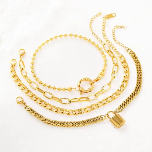 Vista 3 de OOOPEL 4 pulseras de oro chapadas en oro de 18 quilates de acero inoxidable para mujer, pulseras de cadena de serpiente, pulseras de eslabones